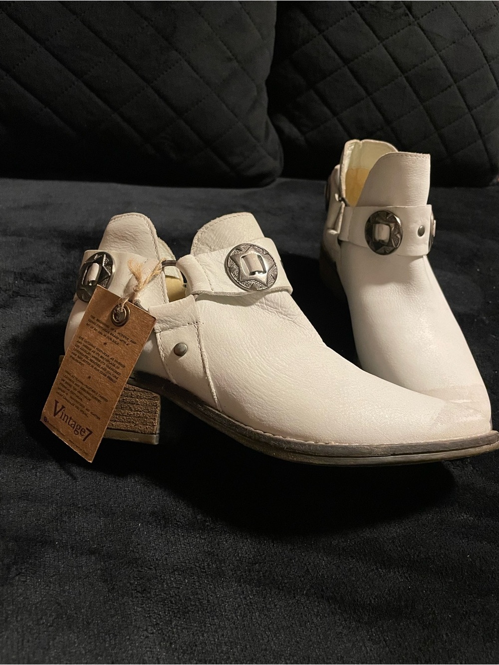 Vintage brand new Off-White Leather Ankle Booties with Silver Concho Accents
